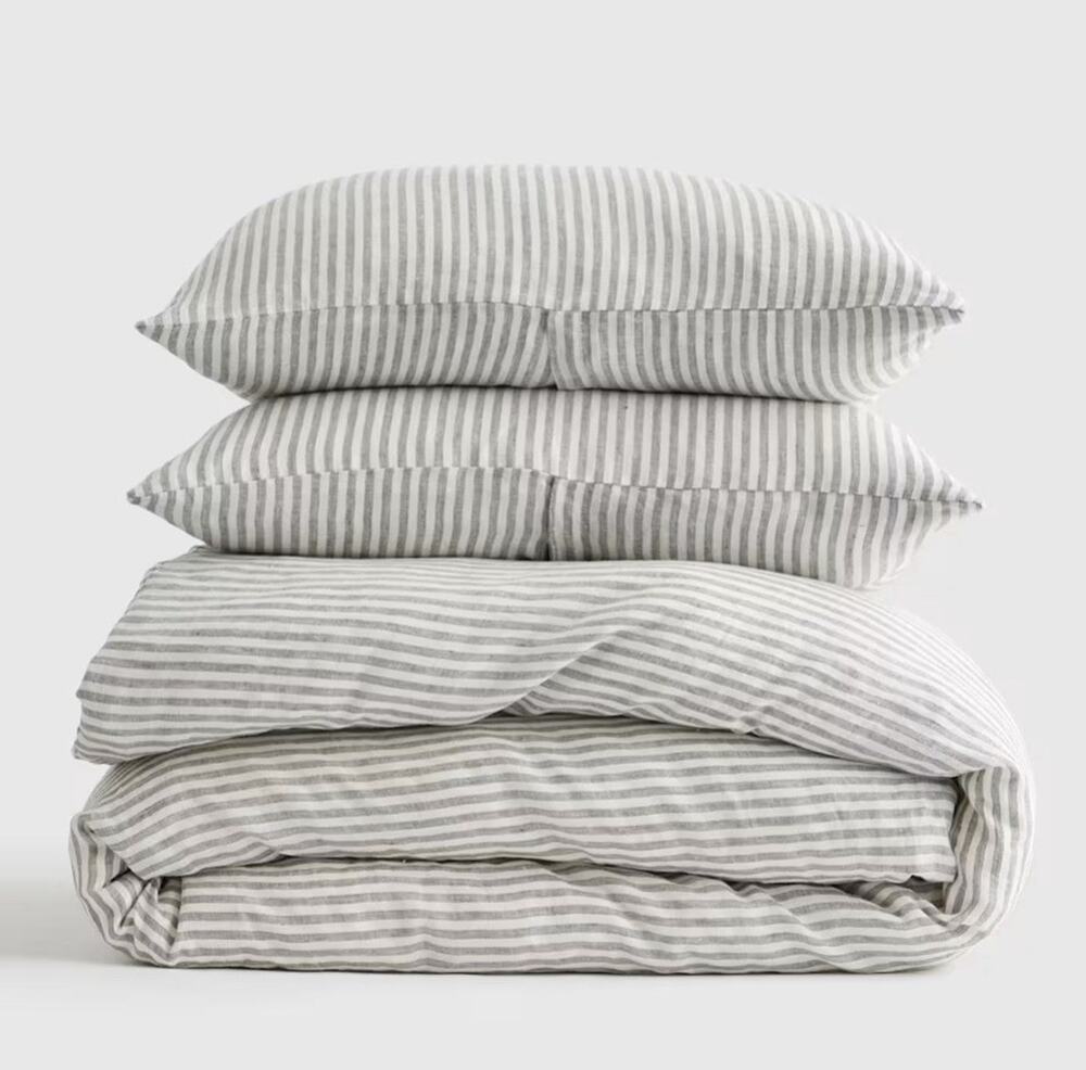 Quince European Linen Stripe Duvet Cover Set Full Queen Gray White NWOT